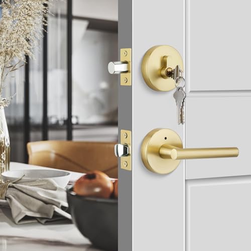 GoldenWarm Gold Door Handle Modern Deadbolt Set