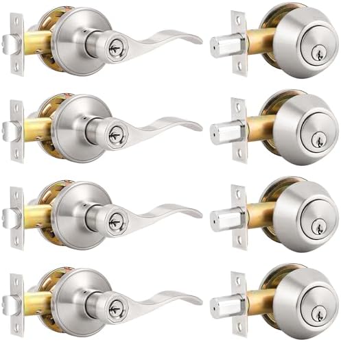 Probrico 4-Pack Door Knobs With Deadbolts Set Satellite Nickel Finish