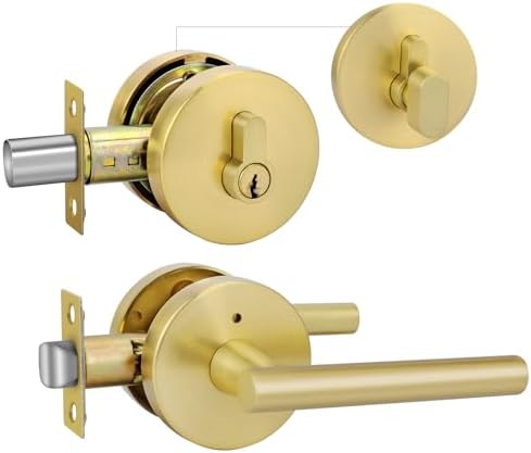 GoldenWarm Gold Door Handle Modern Deadbolt Set