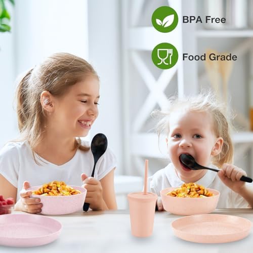 Unbreakable Kids Lunchbox Set with Wooden Wheat Straw Plates and Bowls