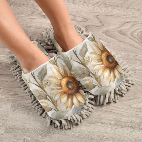 FLildon Microfiber Cleaning Slippers Elegant Sunflowers Soft Washable Mop Shoes for MenWomen