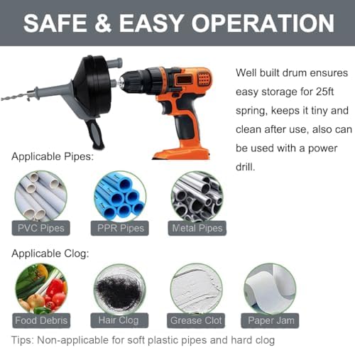 Professional Drain Auger 25FT Steel Clog Remover with Gloves Kitchen Bathroom Shower Sink