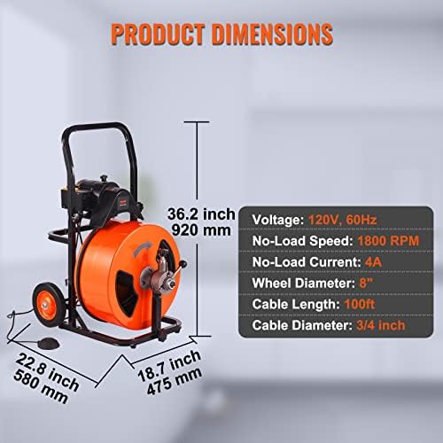 VEVOR 100FT 34 Auger with Cutter for Clogs