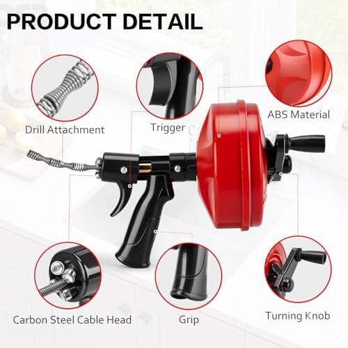 Upgrade Plumbing Snake Drain Auger 25FT Automatic Retract with Dual Mode