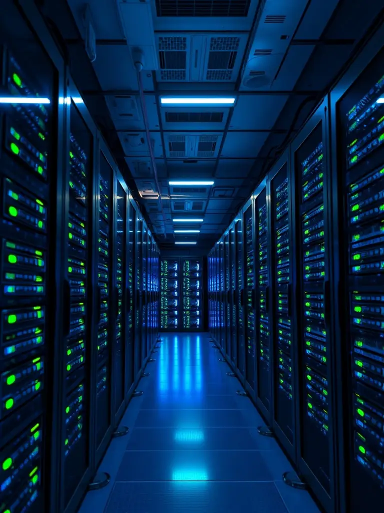 A professional photograph of a server room with blinking lights, symbolizing data processing and IT infrastructure, used to represent CogniSynth's robust IT solutions.