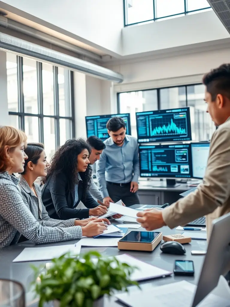 An image of a diverse team collaborating around a large interactive display showing complex data visualizations, representing CogniSynth's collaborative and data-driven approach to IT services.
