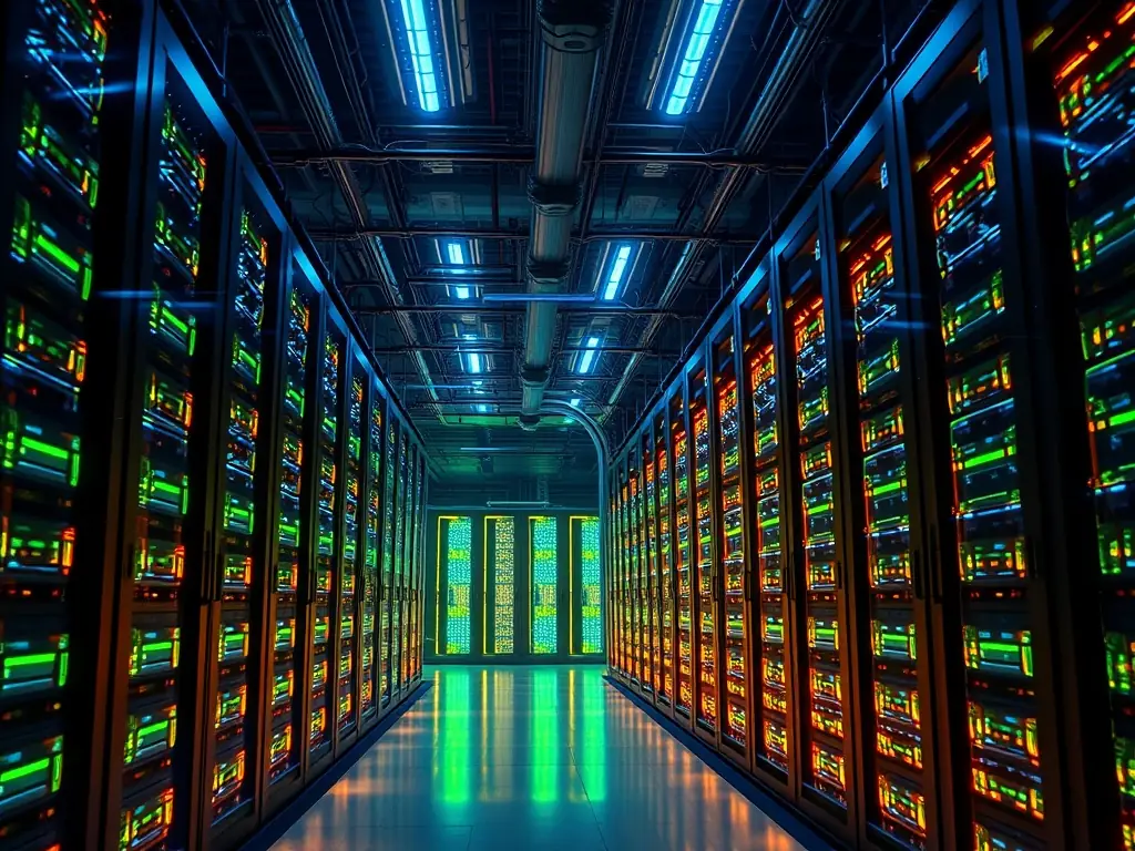 An image depicting a futuristic data center with glowing nodes and connections, representing advanced data analytics and processing. The image should convey a sense of innovation and technological sophistication.