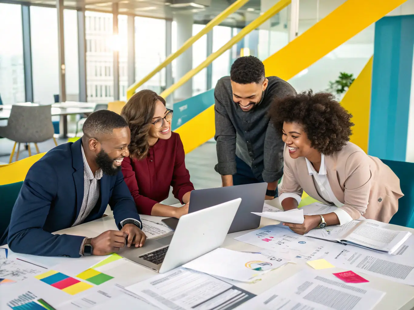 An image showcasing a team collaborating on a digital interface, symbolizing cognitive system integration. The team is discussing a complex system diagram projected on a large screen, highlighting the collaborative and innovative nature of CogniSynth's approach.