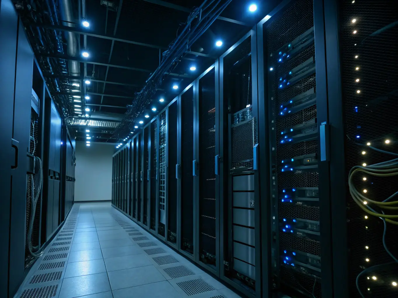 A high-tech server room filled with blinking lights and complex networking cables, symbolizing the infrastructure supporting CogniSynth's advanced AI and machine learning technologies.