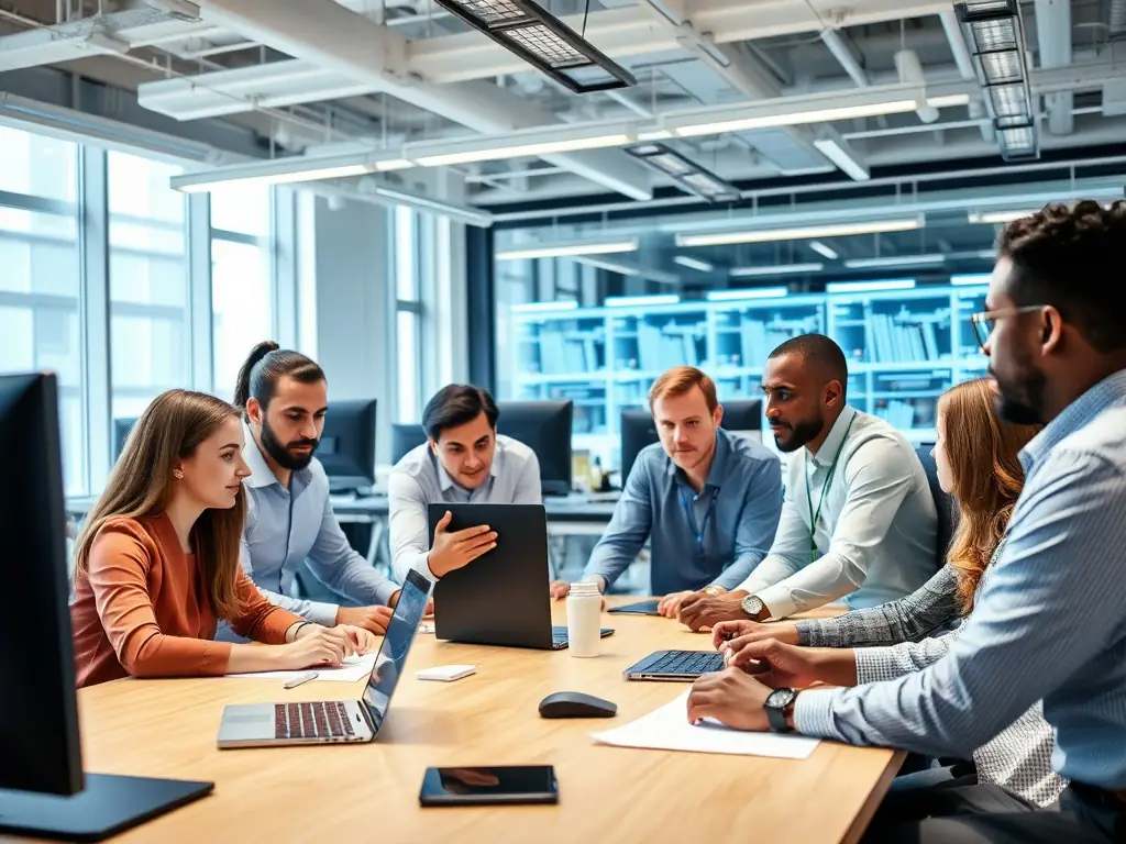 An image showing a diverse team of IT professionals working on various devices, symbolizing comprehensive IT support and solutions. The setting is a modern office environment, emphasizing collaboration and expertise.